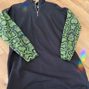 Venus, medium, black dress with green snake skin arms